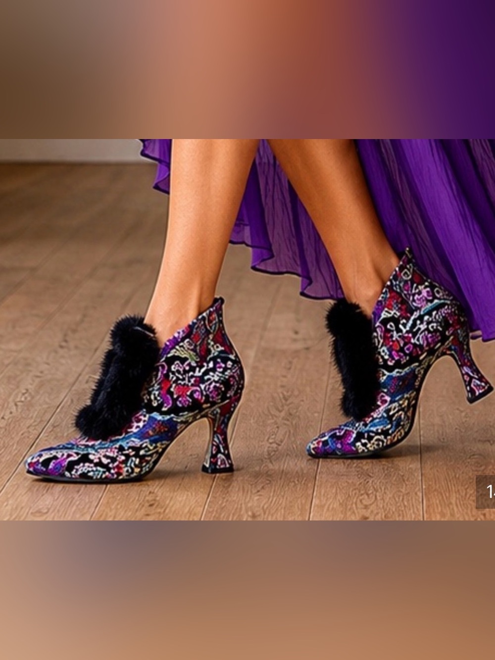 Baci Baroque Revival Tapestry Booties Black Fur Trim Vintage Inspired Shoes, 8 - Picture 14 of 14